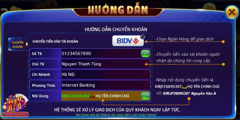 Hướng dẫn nạp tiền chơi Rikvip game xóc đĩa